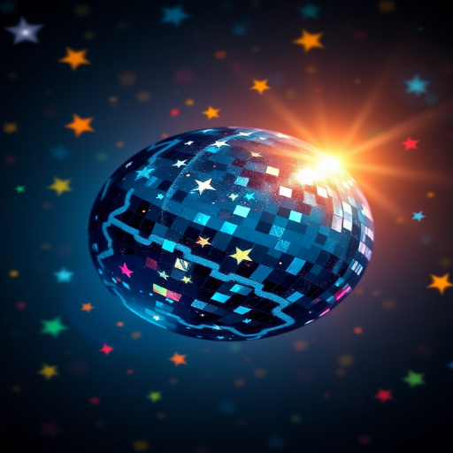 Create a high-resolution digital art piece of a disco ball planet surrounded by colorful stars in a starry background, using a 50mm lens with f/2.8 aperture, ISO 100, and a soft focus style to enhance the glowing effects and details.