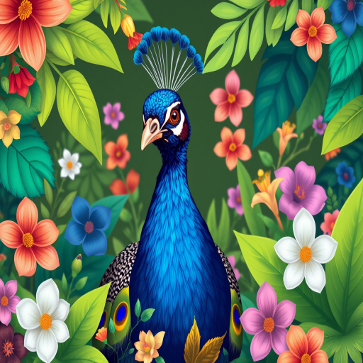 Create a vibrant illustration of a peacock surrounded by lush floral elements, using a wide-angle lens with a f/2.8 aperture, ISO 100, in a digital art style resembling high-resolution vector graphics.