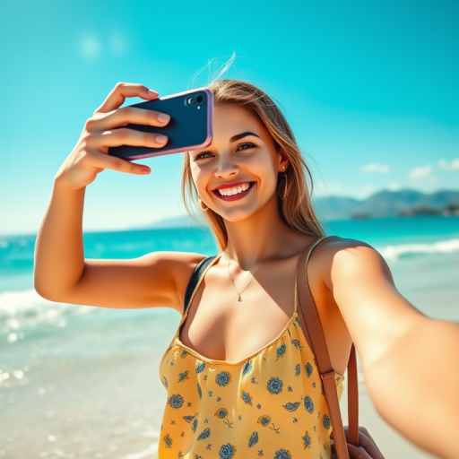 Create a vibrant beach scene featuring a young woman taking a selfie with a smartphone, showcasing a bright blue sky, gentle waves, and a backdrop of distant mountains, captured with a DSLR camera at f/1.8, ISO 100, shutter speed 1/2000s, using a wide-angle lens for a shallow depth of field.