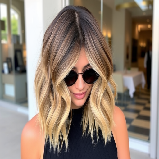 Chic fashionista showcasing a trendy lob (long bob) with a lived-in balayage, styled in tousled beach waves and accented with caramel highlights
