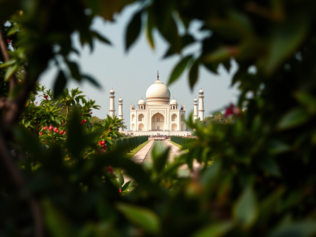 Capture a high-resolution image of the Taj Mahal through lush foliage with a shallow depth of field, using a DSLR camera, aperture f/2.8, shutter speed 1/200 sec, ISO 100, 50mm lens, bright daylight.