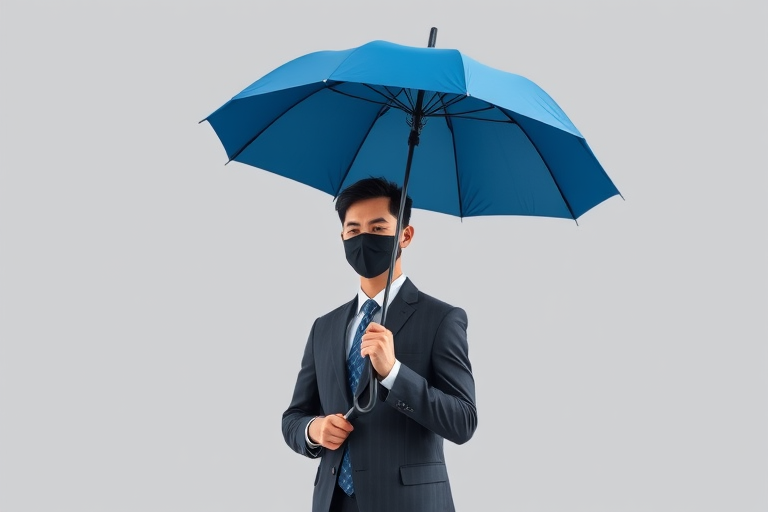 Create a high-resolution digital illustration of a business professional wearing a mask holding a blue umbrella against a solid gray background, using a Canon EOS R5 with an aperture of f/2.8, shutter speed of 1/100s, ISO 200, and a 50mm lens in a clean, minimalist style.