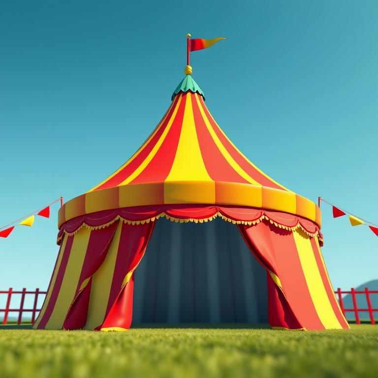 Create a vibrant 3D illustration of a circus tent with red and yellow stripes and a green peak, captured with a DSLR camera at f/8 aperture, ISO 100, 50mm focal length, in natural lighting from a low angle to enhance details and depth.