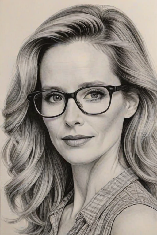 Gorgeous Leslie Mann, pencil sketch, portrait of Captivating woman 1980s in glasses, hair style beatnik, outline, clear lines, fine lines, 8k