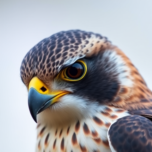 Capture a close-up shot of a falcon with a sharp focus on the eye and feathers, using a DSLR camera, ISO 100, aperture f/4, shutter speed 1/500s, in natural light with a shallow depth of field.