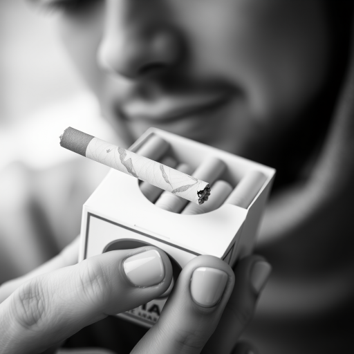 create a black and white image of a person holding a pack of cigarettes with one cigarette partially pulled out, close-up view, shallow depth of field, f/2.8 aperture, 50mm lens, ISO 100, natural lighting, soft focus background