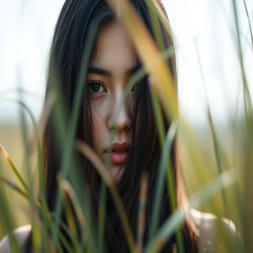 portrait of a young woman with long dark hair partially obscured by grass, soft natural lighting, depth of field focus on eyes, f/2.8 aperture, 50mm lens, ISO 100, shot with a DSLR camera with a warm color filter