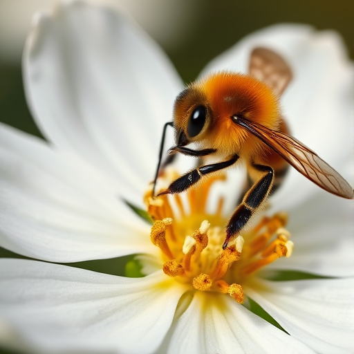 a close-up of a bee with orange and black stripes collecting pollen from the center of a white flower with soft petals and a blurred background