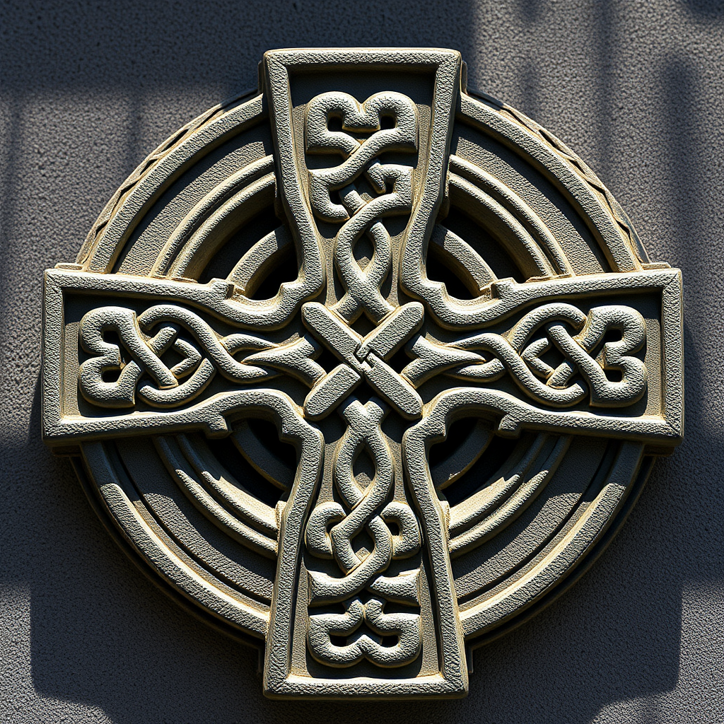 Create a high-resolution image of a Celtic cross design with intricate knot patterns, using a Canon EOS 5D Mark IV with a 50mm f/1.8 lens, aperture set to f/8, ISO 100, at a 1/125 shutter speed, captured from a straight-on perspective with natural lighting to enhance clarity and details.