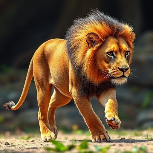 A realistic illustration of a lion walking, with detailed fur texture, vibrant colors, and a dynamic pose, captured with a DSLR camera at f/2.8, ISO 200, 50mm lens, natural lighting, shallow depth of field.