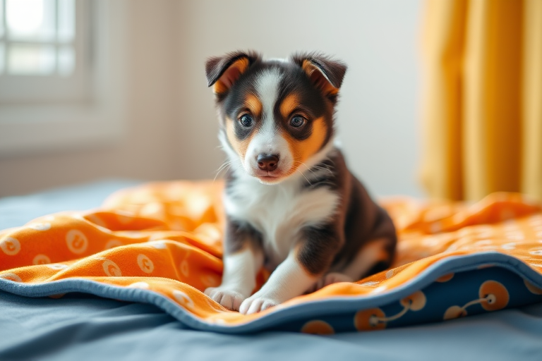 A cute collie puppy sitting on an orange patterned blanket, shot with a Canon EOS 5D Mark IV, 50mm lens, aperture f/1.8, ISO 200, soft natural lighting from a nearby window, shallow depth of field for a blurred background.