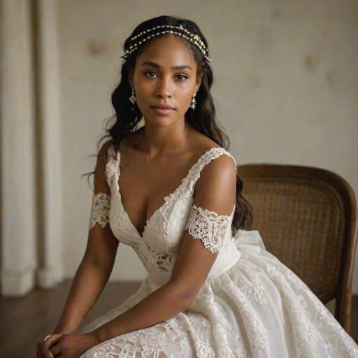Create a portrait of a refined and elegant Torres Strait Islander woman seated in a sophisticated setting. She has long, wavy hair styled in two thick braids that are pulled over her shoulders. She wears a white, lace gown with intricate patterns, featuring a deep V-neckline and short sleeves. The dress exudes a vintage charm with its delicate lacework. She is adorned with ornate, dangling earrings that add a touch of glamour to her appearance. The background is softly lit, with warm, ambient lighting that creates a cozy and inviting atmosphere. Her expression is poised and serene, capturing a sense of grace and elegance.