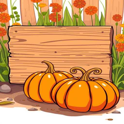 Create a vibrant illustration of two orange pumpkins with spiraled stems sitting on the ground next to a blank wooden sign, use a soft focus lens, aperture f/2.8, 35mm focal length, sunlight illumination for warmth, and a digital camera type for enhanced color and detail.