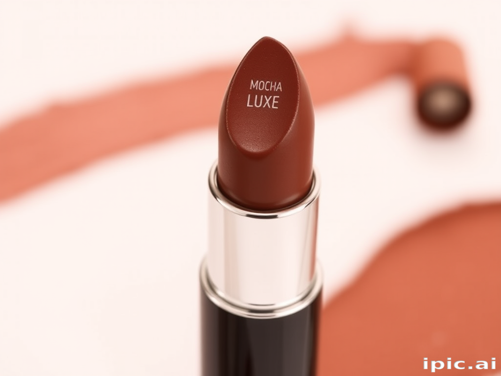 Velvety chocolate brown lipstick with a satin finish, called "Mocha Luxe," featuring a rich, creamy formula and subtle coffee aroma, complementing warm-toned makeup palettes