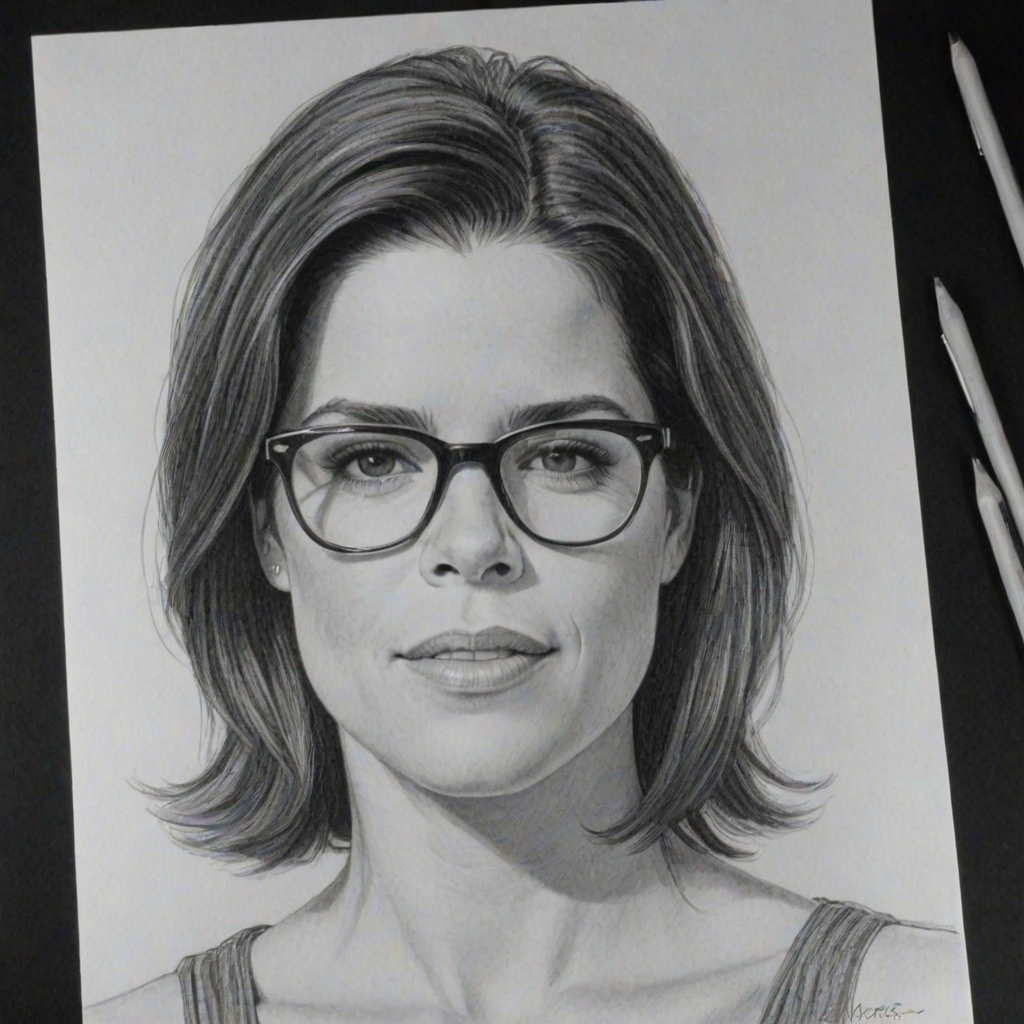 Wonderful Neve Campbell, pencil sketch, portrait of Delightful woman 1967s in glasses, hair style beatnik, outline, clear lines, fine lines, 8k