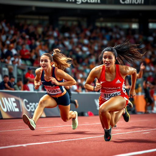 Capture a high-resolution image of two female sprinters competing in a track event, shot from a low angle with a 50mm lens at f/2.8, ISO 200, capturing dynamic movement and facial expressions against a blurred crowd background, using a Canon EOS R5 camera.