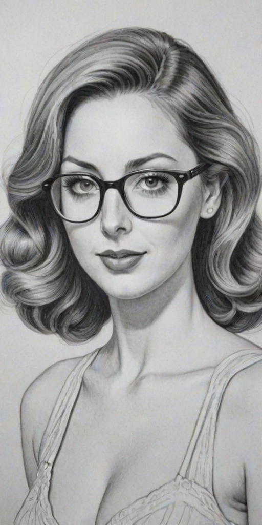 Enticing Eva Amurri Martino, pencil sketch, portrait of Dazzling woman 1949s in glasses, hair style beatnik, outline, clear lines, fine lines, 8k