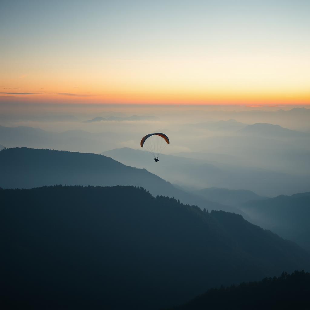 a lone paraglider soaring above misty mountains during dusk, soft light capturing the serene atmosphere, shot with a Canon EOS 5D Mark IV, 50mm lens, aperture f/4, shutter speed 1/200 sec, ISO 100, landscape orientation, high dynamic range for enhanced detail in shadows and highlights