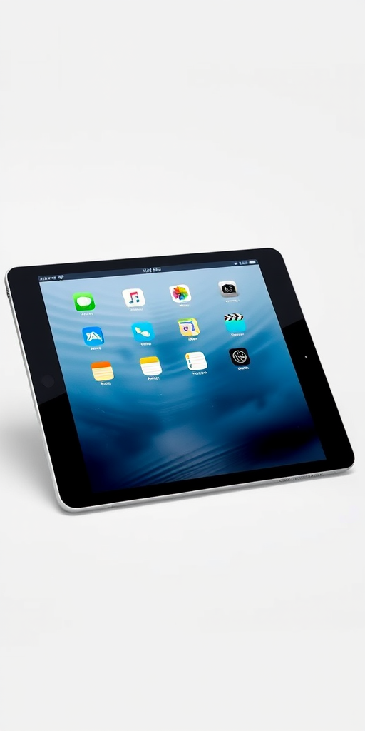 Create a high-resolution image of a black iPad with a home screen featuring app icons, positioned at a slight angle on a white background, use a Canon EOS 5D Mark IV camera, aperture set to f/4, shutter speed at 1/125s, ISO 100, with a softbox light source for even illumination.