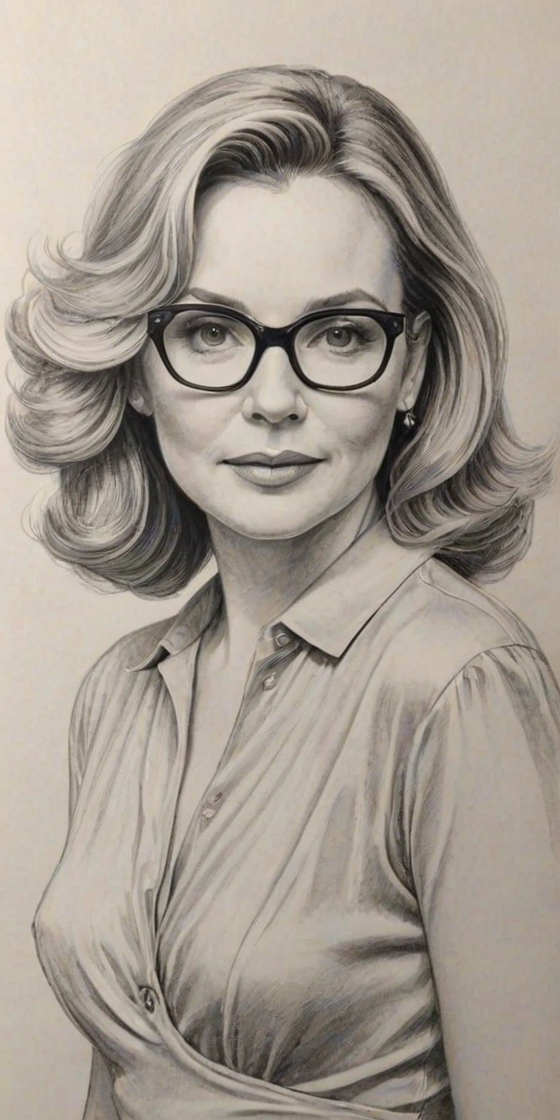 Elegant Kim Cattrall, pencil sketch, portrait of Radiant woman 1940s in glasses, hair style beatnik, outline, clear lines, fine lines, 8k