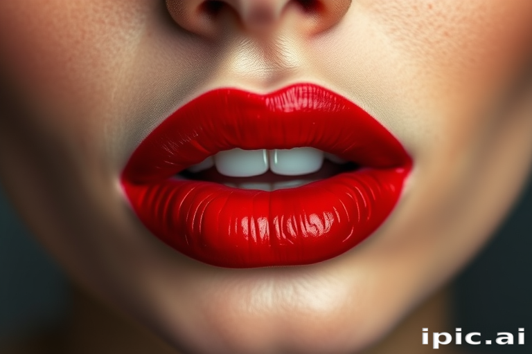 Sultry ombre lips transition from deep crimson to bright scarlet, creating a gradient effect that adds depth and dimension to the mouth