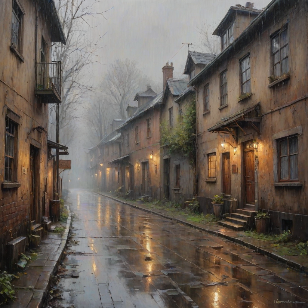 rainy day house painting, fine art painting, fantasy art, 4K, 3D, HDRi, detailed oil painting, high definition art, expressive rustic oil painting, foggy alley, soft focus
