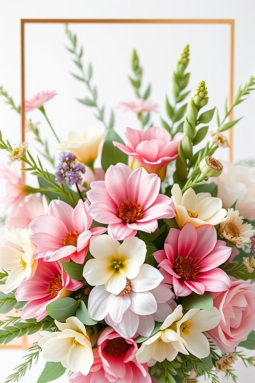 Floral arrangement with a mix of watercolor flowers and greenery, soft pastel color palette, diamonds frame in the background, shot with a Canon EOS 5D Mark IV, aperture f/2.8, focal length 50mm, ISO 100, natural lighting, high-resolution image.