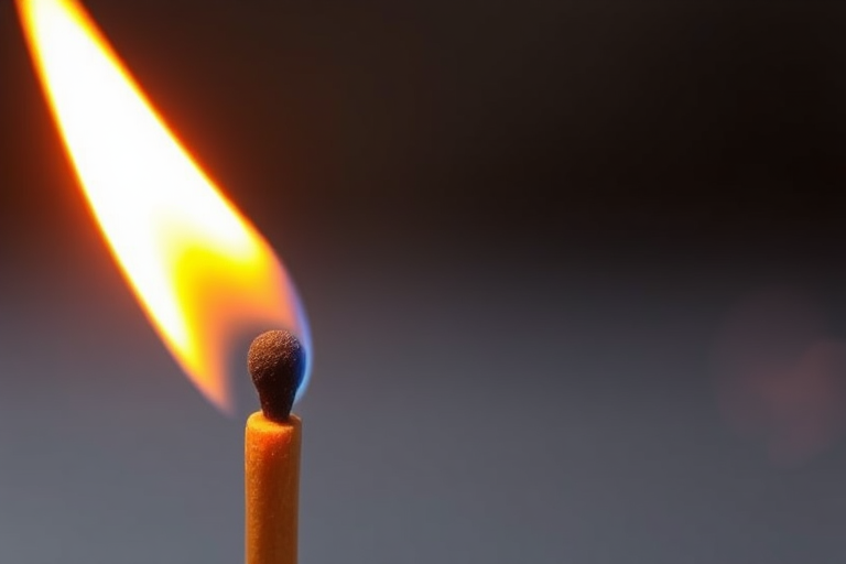 Create a close-up image of a striking match with a vibrant flame, soft focus background, ISO 100, aperture f/2.8, shutter speed 1/250s, natural lighting, DSLR camera.