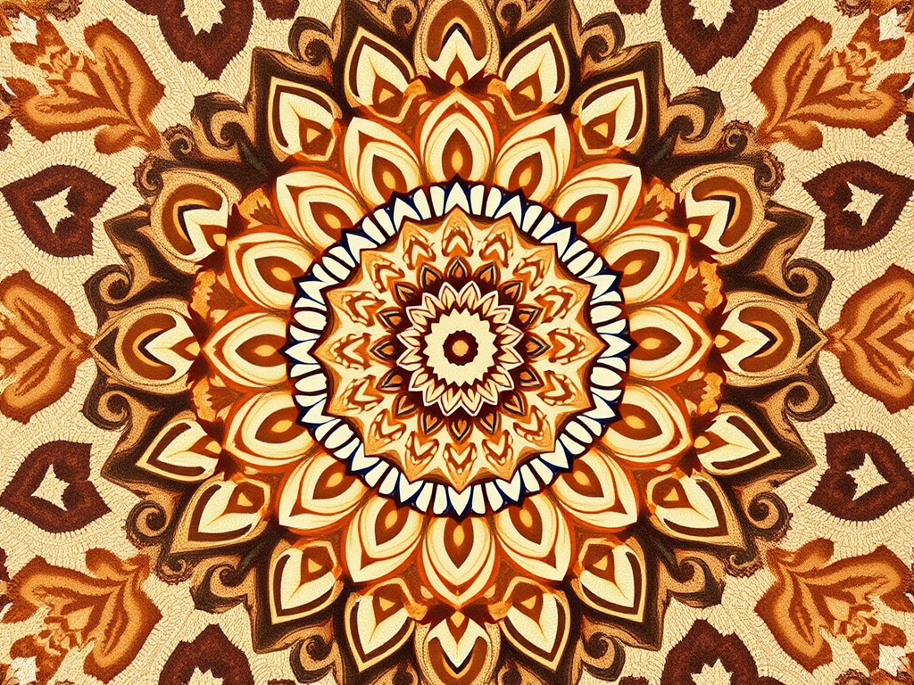 Create a mandala design featuring intricate patterns in warm browns and cream, with a symmetrical arrangement, high resolution, 50mm lens, f/8 aperture, balanced lighting, shot from an overhead view using a DSLR camera.