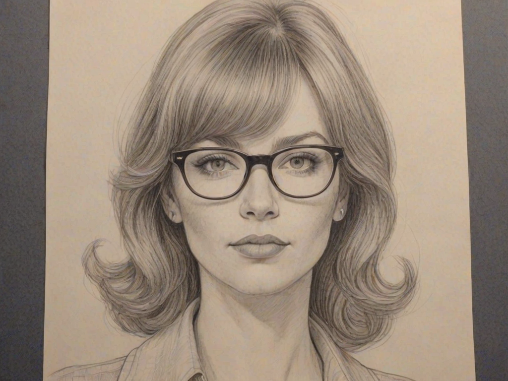 Enchanting Amanda Fuller, pencil sketch, portrait of Fascinating woman 1972s in glasses, hair style beatnik, outline, clear lines, fine lines, 8k
