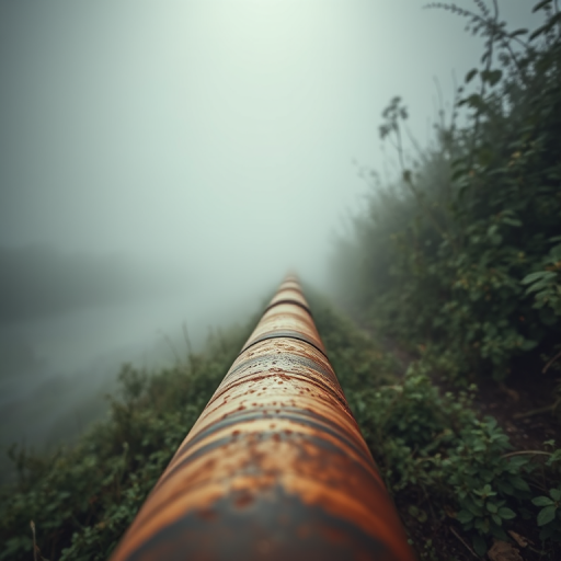 photograph of a rusty pipe extending into a foggy landscape with overgrown vegetation, soft focus for a dreamy effect, shot with a Canon EOS R5, 50mm lens, aperture f/1.8, ISO 100, low angle view, natural lighting to enhance mood and texture