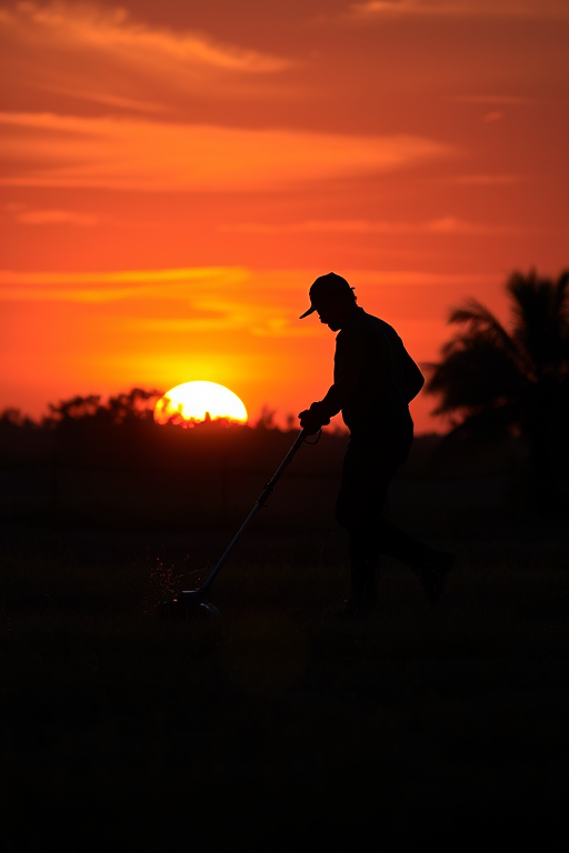 silhouette of a person mowing grass against a vibrant sunset background, aperture f/8, ISO 100, shutter speed 1/250s, captured with a DSLR camera in landscape view, high dynamic range style