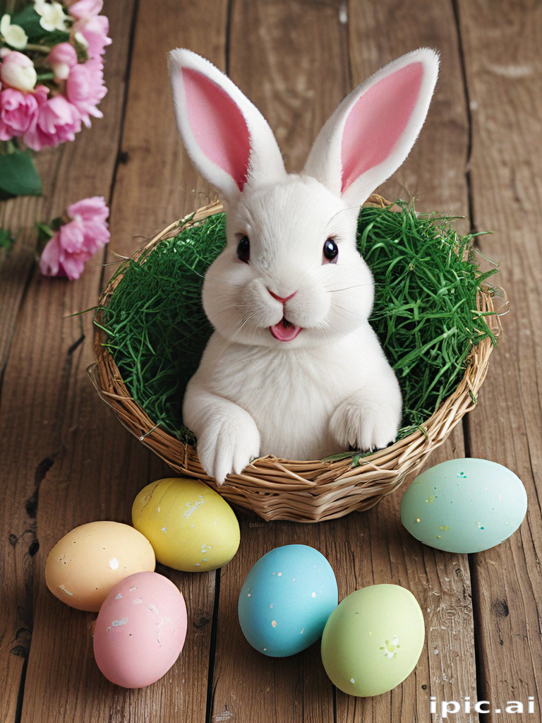 Adorable Bunny Sitting in a Basket Surrounded by Colorful Easter Eggs