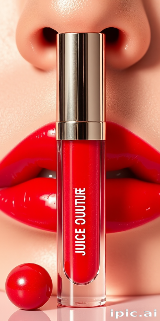Glossy cherry red lip oil "Juicy Couture" providing intense hydration, a high-shine finish, and a subtle tint for a fresh and youthful appearance