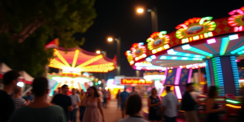 Blurry, fast-paced image of a street carnival at night, colorful lights flashing in the darkness, the sound of music and laughter filling the air, people in the background spinning on rides, soft shadows cast by the glowing lights.