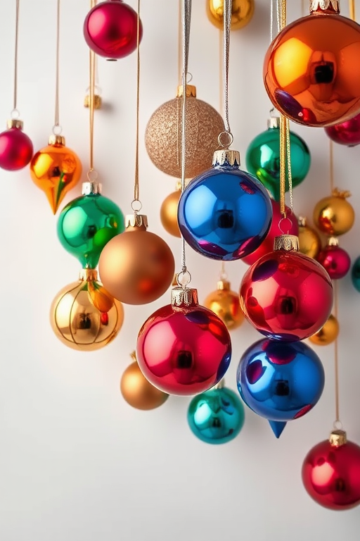 Create a high-resolution digital image of colorful hanging ornaments in various shapes, using a wide-angle lens, aperture set to f/8 for sharp detail, ISO 100 for clarity, and soft diffused lighting to enhance colors, capturing an overhead view to emphasize the arrangement of ornaments against a light background.