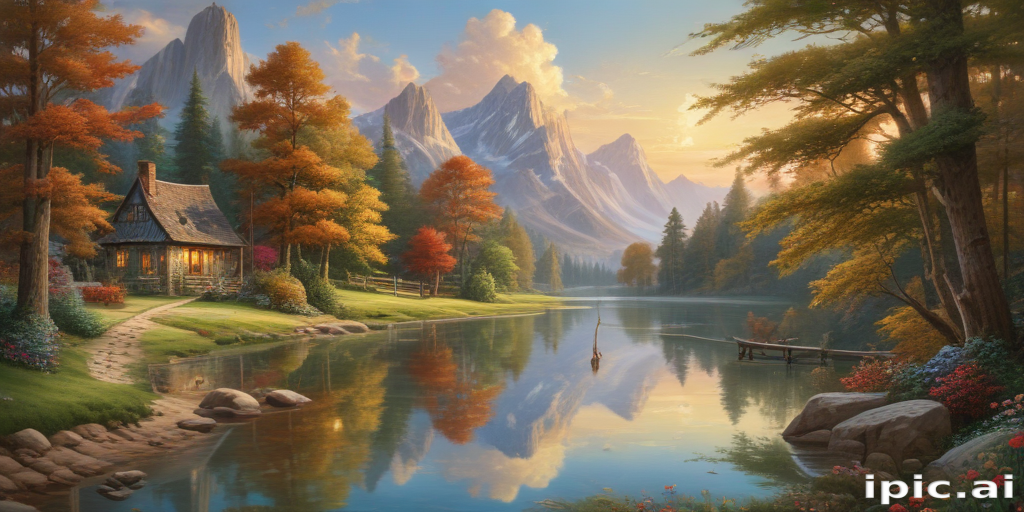 Tranquil Autumn Landscape with a Cozy Cabin by the Serene Lake