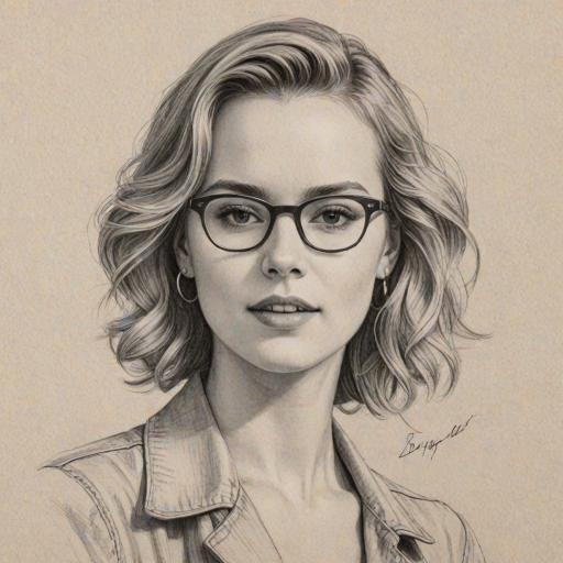 Stunning Bridgit Mendler, pencil sketch, portrait of Elegant woman 1938s in glasses, hair style beatnik, outline, clear lines, fine lines, 8k