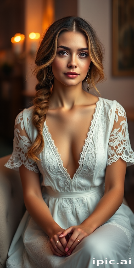 Create a portrait of a refined and elegant woman seated in a sophisticated setting. She has long, wavy hair styled in two thick braids that are pulled over her shoulders. She wears a white, lace gown with intricate patterns, featuring a deep V-neckline and short sleeves. The dress exudes a vintage charm with its delicate lacework. She is adorned with ornate, dangling earrings that add a touch of glamour to her appearance. The background is softly lit, with warm, ambient lighting that creates a cozy and inviting atmosphere. Her expression is poised and serene, capturing a sense of grace and elegance.