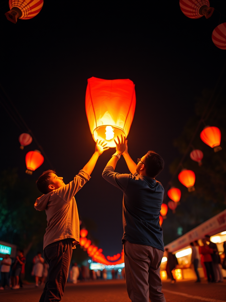Capture a nighttime festival scene featuring two individuals releasing a glowing lantern into the sky, with vibrant colors and dynamic lighting, using a Canon EOS R5, 50mm lens, aperture f/1.8, ISO 800, shutter speed 1/60s, capturing a low-angle view with a bokeh effect in the background for enhanced depth and clarity.