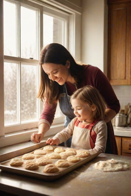 Warm, softly lit image of a mother and child baking cookies together in a cozy kitchen, flour dusting the countertops, the smell of vanilla filling the air, sunlight streaming through the window, the child's face lit up with joy as they mix the dough.