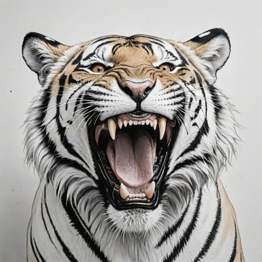 Abstract black and white acrylic portrait of an over exaggerated laughing (tiger). Minimalism style. White background.