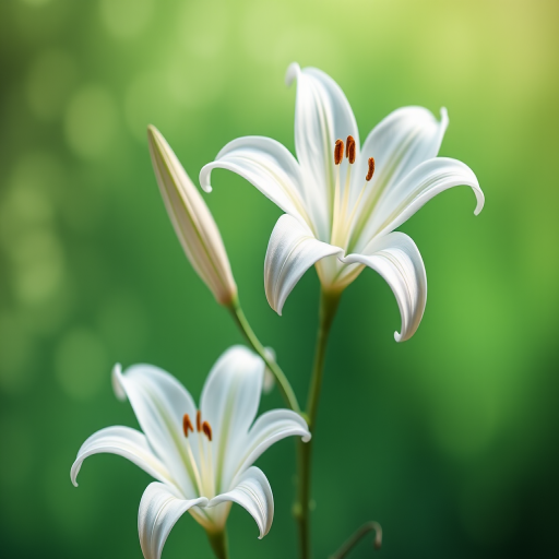 Create a digital illustration of elegant white lilies against a gradient green background, with a focus on soft bokeh effects, using a Canon EOS R5 with a 50mm lens at f/1.8, ISO 100, and a wide aperture for a blurred background, capturing vibrant colors and fine details.