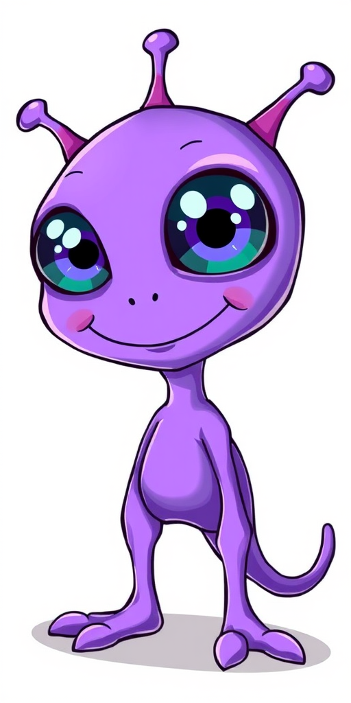 Create an illustration of a purple alien character with large eyes, a quirky smile, and cartoonish limbs, in a bright and colorful style with a white background, using a digital drawing tablet with a resolution of 300 DPI, focused on vibrant colors and clean outlines, captured at a high-angle view with soft lighting.
