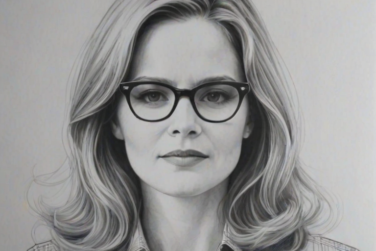 Pleasing Jennifer Jason Leigh, pencil sketch, portrait of Ravishing woman 1955s in glasses, hair style beatnik, outline, clear lines, fine lines, 8k