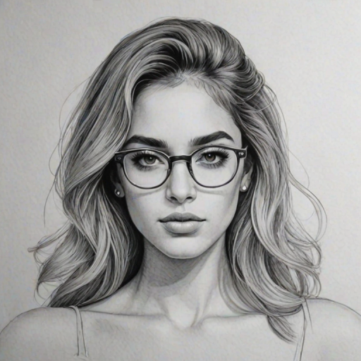 Fetching Alina Baraz, pencil sketch, portrait of Enticing woman 1969s in glasses, hair style beatnik, outline, clear lines, fine lines, 8k