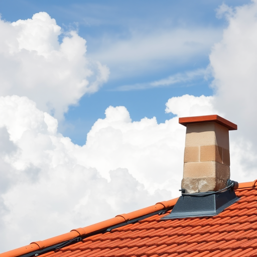 Capture a close-up shot of a chimney on a terracotta roof against a backdrop of dramatic white clouds, using a DSLR camera, 50mm lens, aperture f/4, ISO 100, shutter speed 1/200s, natural lighting for enhanced detail and clarity.