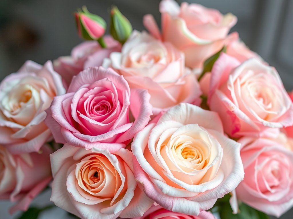 Regenerate an arrangement of pastel roses with soft hues and gentle lighting, captured with a DSLR camera, 50mm lens, f/2.8 aperture, ISO 100, natural soft light, shallow depth of field for a dreamy effect.