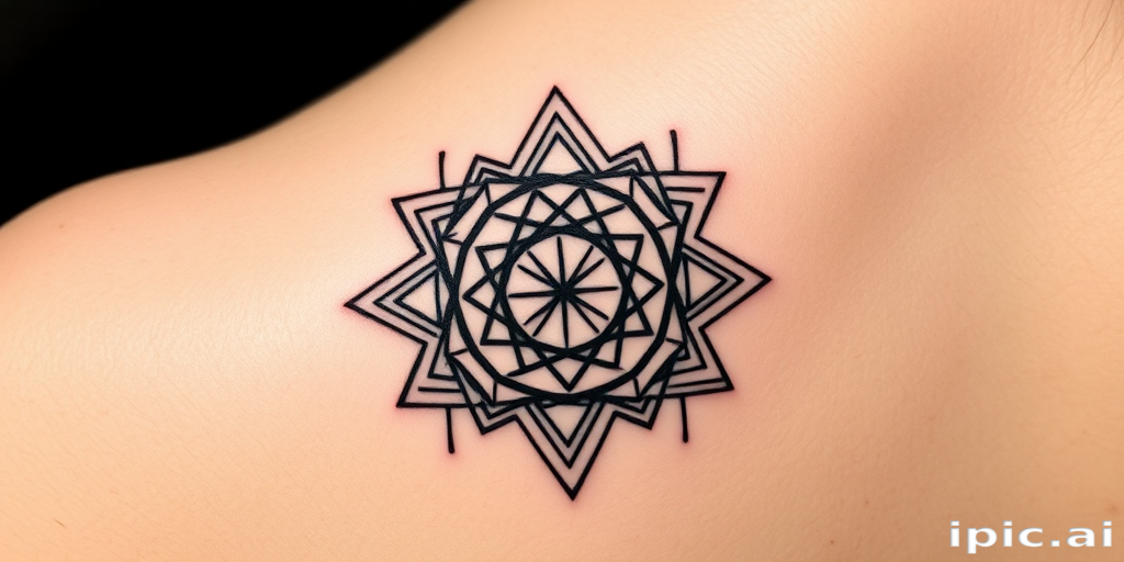 Minimalist geometric blackwork tattoo called "Sacred Symmetry" showcasing clean precise lines forming intricate patterns of interlocking triangles circles and hexagons arranged in perfect symmetry creating a mesmerizing optical illusion effect with bold solid black ink contrasting sharply against the skin's natural tone emphasizing the stark simplicity and mathematical precision of the design