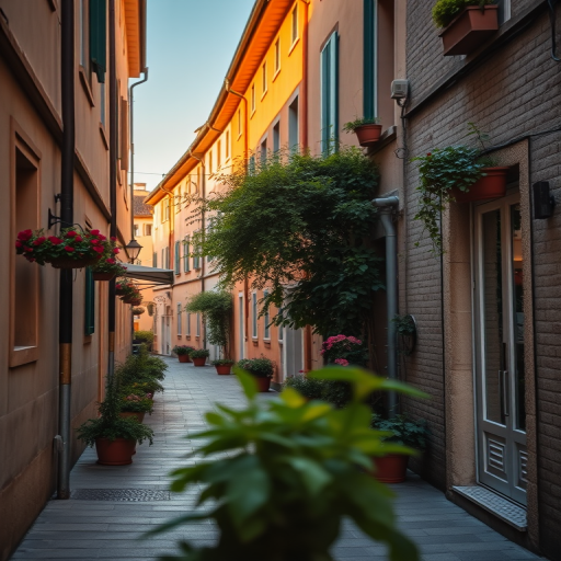 generate a serene alleyway scene surrounded by charming buildings with flower pots and greenery, using a DSLR camera with a 35mm lens, aperture set to f/5.6, ISO 200, at golden hour for soft lighting, high dynamic range for enhanced details, and a slight tilt-shift to emphasize the foreground.